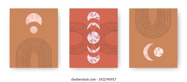 Vector set with trendy set of printable cards with boho mid century stone and marble textured shapes of moon, planets and lines. Abstract contemporary aesthetic backgrounds with geometric elements