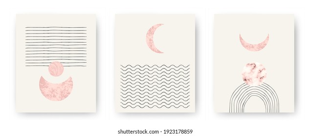 Vector set with trendy set of printable cards with boho mid century stone and marble textured shapes of moon, planets and lines. Abstract contemporary aesthetic backgrounds with geometric elements