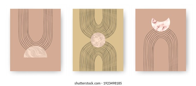 Vector set with trendy set of printable cards with boho mid century stone and marble textured shapes of moon, planets and lines. Abstract contemporary aesthetic backgrounds with geometric elements