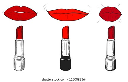 Vector set with trendy red shades of lipstick and lips on white background. Illustration in grunge sketch style, fashion and beauty concept