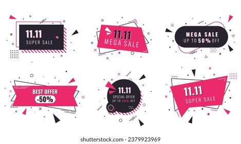 Vector set of trendy Sale banners in Memphis style for big shopping day Sale 11.11. Bright promotion banners in retro style. Black and pink colors