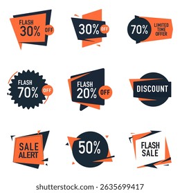 Vector set of trendy sale and discount badges and banners. Perfect for website banners, social media posts, print ads, and promoting special offers. Black, orange, and white color palette.