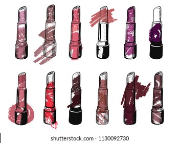 Vector set with trendy shades of lipstick on white background. Pink, nude, red, violet, wine tones. Illustration in grunge sketch style with lipstick smears, fashion and beauty concept