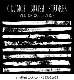 Vector set of trendy white brush strokes or backgrounds. Artistic lines grunge collection. Set of white grungy hand painted brush strokes isolated on black. Abstract ink texture, design elements.