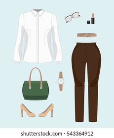 Vector set of a trendy  women's clothing. White blouse, brown trousers, shoes, accessories.