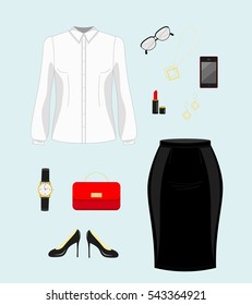Vector set of a trendy women's clothing. White blouse,black skirt, shoes, accessories.