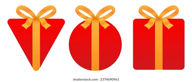 Vector set of triangle, circle and square shape red gift boxes with golden ribbons isolated on a white background.