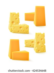 Vector Set of Triangular Pieces of  Cheddar Swiss Cheese Close up Isolated on White Background