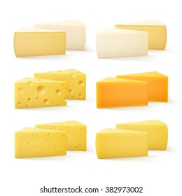 Vector Set of Triangular Pieces of Various Kind of Cheese Swiss Cheddar Bri Parmesan Camembert Close up Isolated on White Background