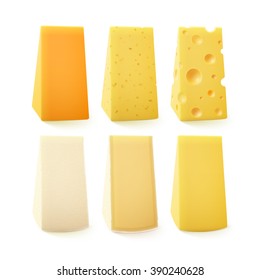 Vector Set of Triangular Pieces of Various Kind of Cheese Swiss Cheddar Bri Parmesan Camembert Close up Isolated on White Background