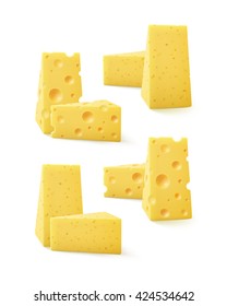 Vector Set of Triangular Pieces of Various Kind of Swiss Cheese Close up Isolated on White Background