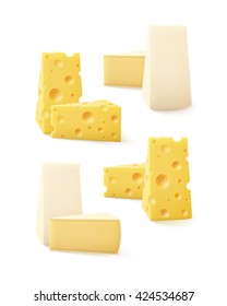 Vector Set of Triangular Pieces of Various Kind of Cheese Swiss Bri  Camembert Close up Isolated on White Background