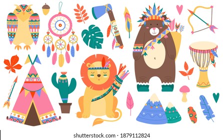 Vector Set of Tribal Animals and Indian Cliparts.Cute Ethnic Elements in Flat, Cartoon style.Collection of Wild Aztec Characters for Design,Web,Graphic,Greeting Card. Isolated on white background.
