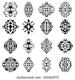 Vector set of tribal black and white decorative geometric patterns for design and fashion. Aztec ornamental style. Ethnic native american indian ornaments