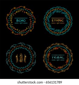 Vector set of tribal bohemian mandala, round frames with place for Your logotypes or text. Boho style art, stylized gold, neon blue elements, perfect for t-shirt, posters, prints and more 