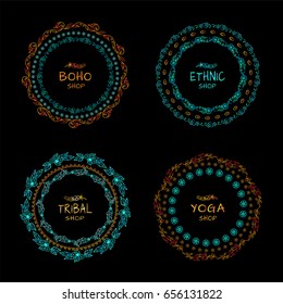 Vector set of tribal bohemian mandala, round frames with place for Your logotypes or text. Boho style art, stylized gold, neon blue elements, perfect for t-shirt, posters, prints  and more