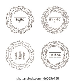 Vector set of tribal bohemian mandala, round ornamental frames with place for logotypes or text. Boho style art, perfect for invitations, quotes, blogs, posters and more. Suitable for coloring book