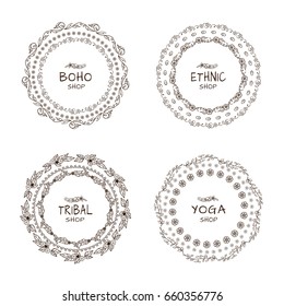 Vector set of tribal bohemian mandala, round ornamental frames with place for logotypes or text. Boho style art, perfect for invitations, quotes, blogs, posters and more. Suitable for coloring book