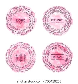 Vector set of tribal bohemian mandala, round frames with place for Your logotypes or text. Boho style art on stylized rose or peony flower petals, perfect for invitations, quotes, blogs and more