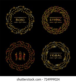 Vector set of tribal bohemian mandala, round frames with place for Your logotypes or text. Boho style art with stylized warm gold elements, perfect for invitations, quotes, blogs, posters and more