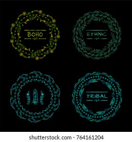 Vector set of tribal bohemian mandala, round frames with place for Your logotypes or text. Boho style art, nature design in ecology green colors. Perfect for ethnic, yoga design