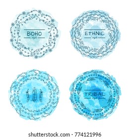 Vector set of tribal bohemian mandala, round frames with place for Your logotypes or text. Boho style art on stylized water drop, perfect for invitations, quotes, blogs, posters and more