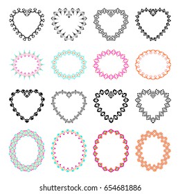 Vector set of tribal colorful and black ovals and hearts amd decorative frames for design. Aztec ornamental style. Ethnic native american indian ornaments