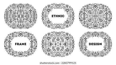 Vector set of tribal cover templates, decorative Egypt borders, geometric ethnic frames. Black and white art decoration shapes set. African collection