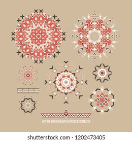 Vector set. Tribal ethnic aztec geometric pattern element. Round american indian motif. Hand drawn ornate background for fashion design, textile, paper, card and cover. Colorful art print design
