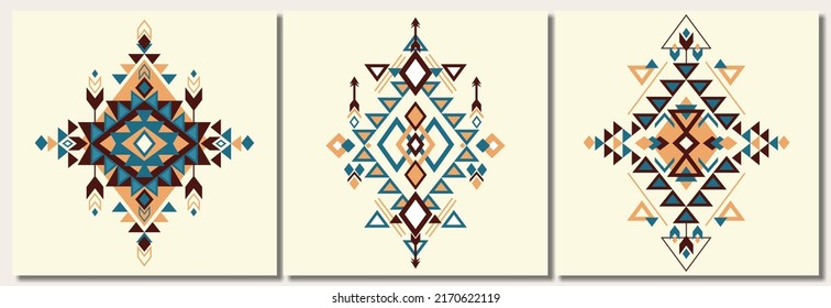 Vector set. Tribal folk aztec geometric pattern element. Colorful art print design. Poster.