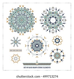 Vector set. Tribal folk aztec geometric pattern element. Round american indian motif. Hand drawn ornate background for fashion design, textile, paper, card and cover. Colorful art print design. Poster