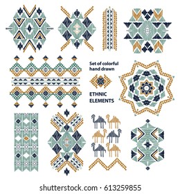 Vector set. Tribal folk aztec geometric pattern element. American indian rug motif. Hand drawn ornate background for fashion design, textile, paper, card and cover. Colorful art print design. Poster.