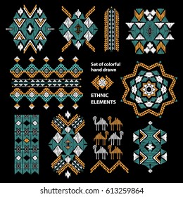 Vector set. Tribal folk aztec geometric pattern element. American indian rug motif. Hand drawn ornate background for fashion design, textile, paper, card and cover. Colorful art print design. Poster.