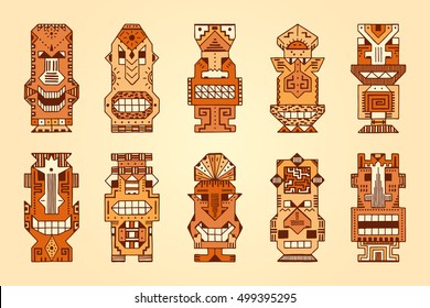 Vector Set of Tribal Polynesian Tiki Masks. Hand Drawn Doodle Hawaiian Totem Idol Carved Masks statue. Religious or Ethnic design elements. Ritual symbols. 