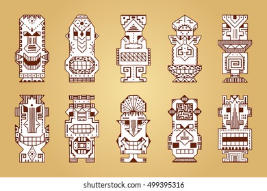 Vector Set of Tribal Polynesian Tiki Masks. Hand Drawn Doodle Hawaiian Totem Idol Carved Masks statue. Religious or Ethnic design elements. Ritual symbols. 