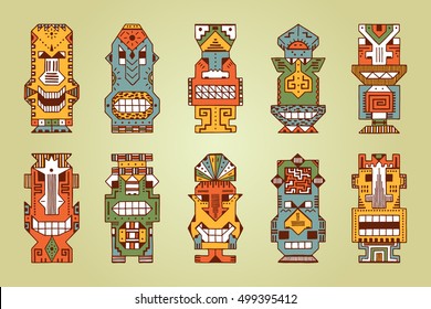 Vector Set of Tribal Polynesian Tiki Masks. Hand Drawn Doodle Hawaiian Totem Idol Carved Masks statue. Religious or Ethnic design elements. Ritual symbols. 