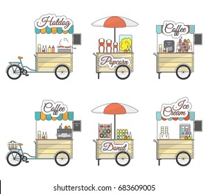 Vector set of tricycle bike and sales stand icons isolated on white background. Mobile hot dog, popcorn, coffee, donut and ice cream bikes flat style design elements.