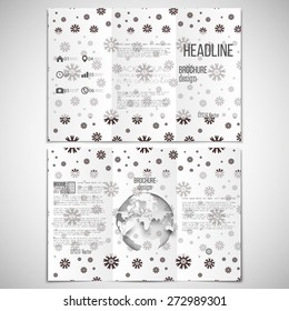 Vector set of tri-fold brochure design template on both sides with world globe element. Modern stylish geometric background with abstract flowers. Simple brown monochrome vector texture.