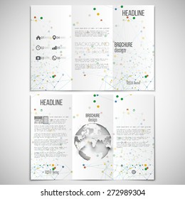 Vector set of tri-fold brochure design template on both sides with world globe element. Molecular colored structure on white background. Business or science style, vector illustration.