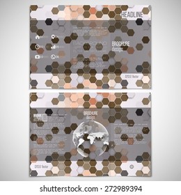 Vector set of tri-fold brochure design template on both sides with world globe element. Hexagonal modern stylish geometric brown background. Colored honeycombs on white background.