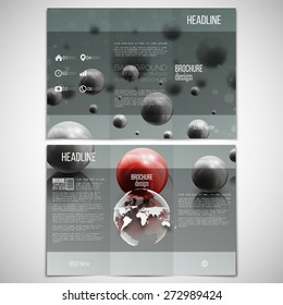 Vector set of tri-fold brochure design template on both sides with world globe element. g Glowing spheres with shadows in motion on gray background. Red sphere in center lies on the mirror surface