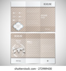 Vector set of tri-fold brochure design template on both sides with world globe element. Vintage style lines beige background. Repeating geometric decoration. Simple abstract monochrome vector texture.