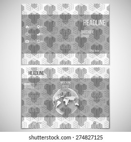 Vector set of tri-fold brochure design template on both sides with world globe element and repeating modern stylish geometric cubes.  Simple abstract monochrome vector texture.