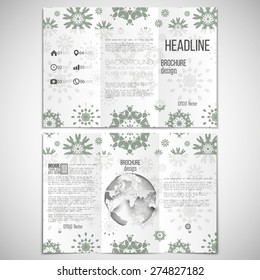 Vector set of tri-fold brochure design template on both sides with world globe element. Modern stylish geometric background with abstract flowers. Simple gray monochrome vector texture.