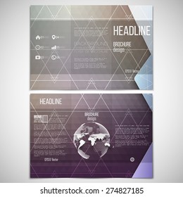 Vector set of tri-fold brochure design template on both sides with world globe element. Colorful geometric background, abstract triangle design pattern vector.