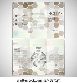 Vector set of tri-fold brochure design template on both sides with world globe element. Hexagonal modern stylish geometric brown background. Colored honeycombs on white background.