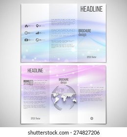 Vector set of tri-fold brochure design template on both sides with world globe element. Abstract blue wave, light style background.