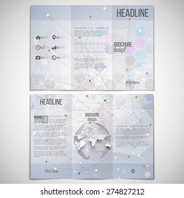 Vector set of tri-fold brochure design template on both sides with world globe element. Molecule structure, blue background for communication, science vector illustration.