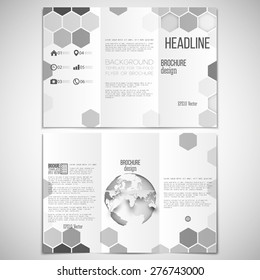 Vector set of tri-fold brochure design template on both sides with world globe element. Hexagonal modern stylish geometric monochrome background. Gray honeycombs on white background.
