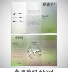 Vector set of tri-fold brochure design template on both sides with world globe element. Abstract blurred natural background. Colorful summer vector pattern for travel business.